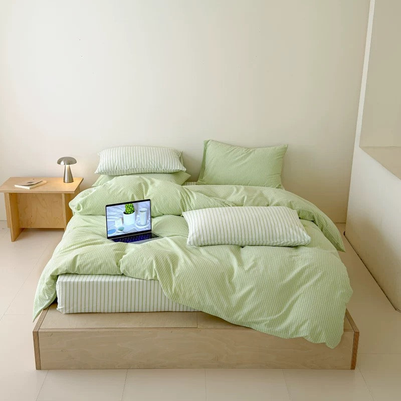 Pistachio Green Striped Duvet Cover Set