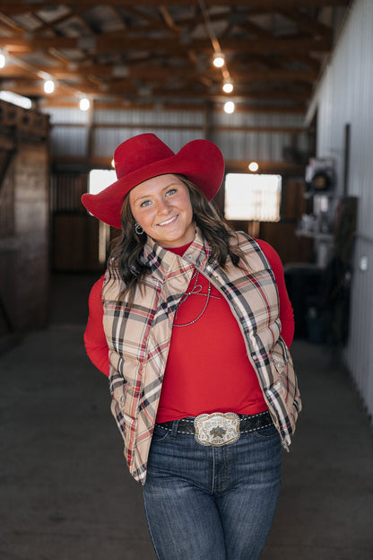 Jodifl Plaid Check Print Padded Western Vest — High Collar with Zipper & Snap Closure (Medium remaining)