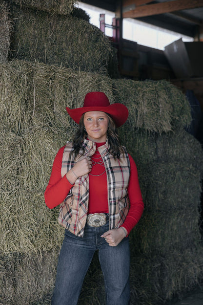 Jodifl Plaid Check Print Padded Western Vest — High Collar with Zipper & Snap Closure (Medium remaining)