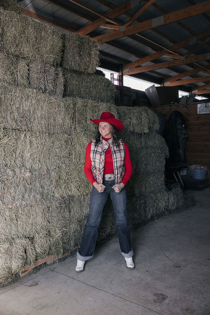 Jodifl Plaid Check Print Padded Western Vest — High Collar with Zipper & Snap Closure (Medium remaining)