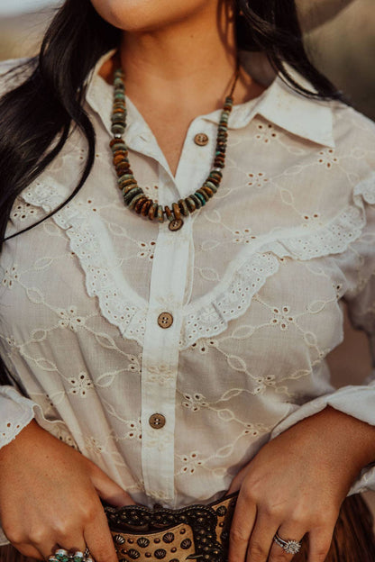 Turquoise Haven "Prairie Eyelet" Western Ruffle Blouse — Ivory Eyelet with Wooden Buttons & Flared Cuff Hem (small remains)