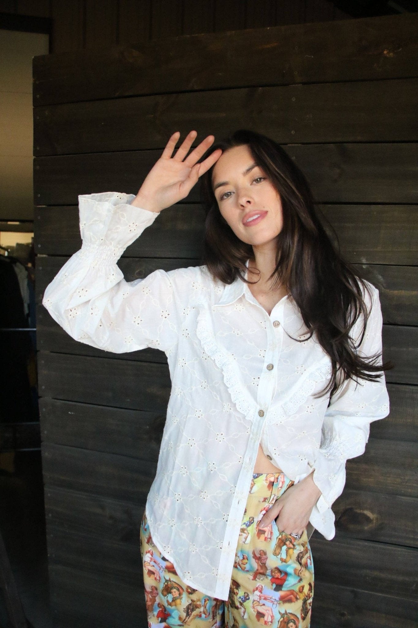 Turquoise Haven "Prairie Eyelet" Western Ruffle Blouse — Ivory Eyelet with Wooden Buttons & Flared Cuff Hem (small remains)