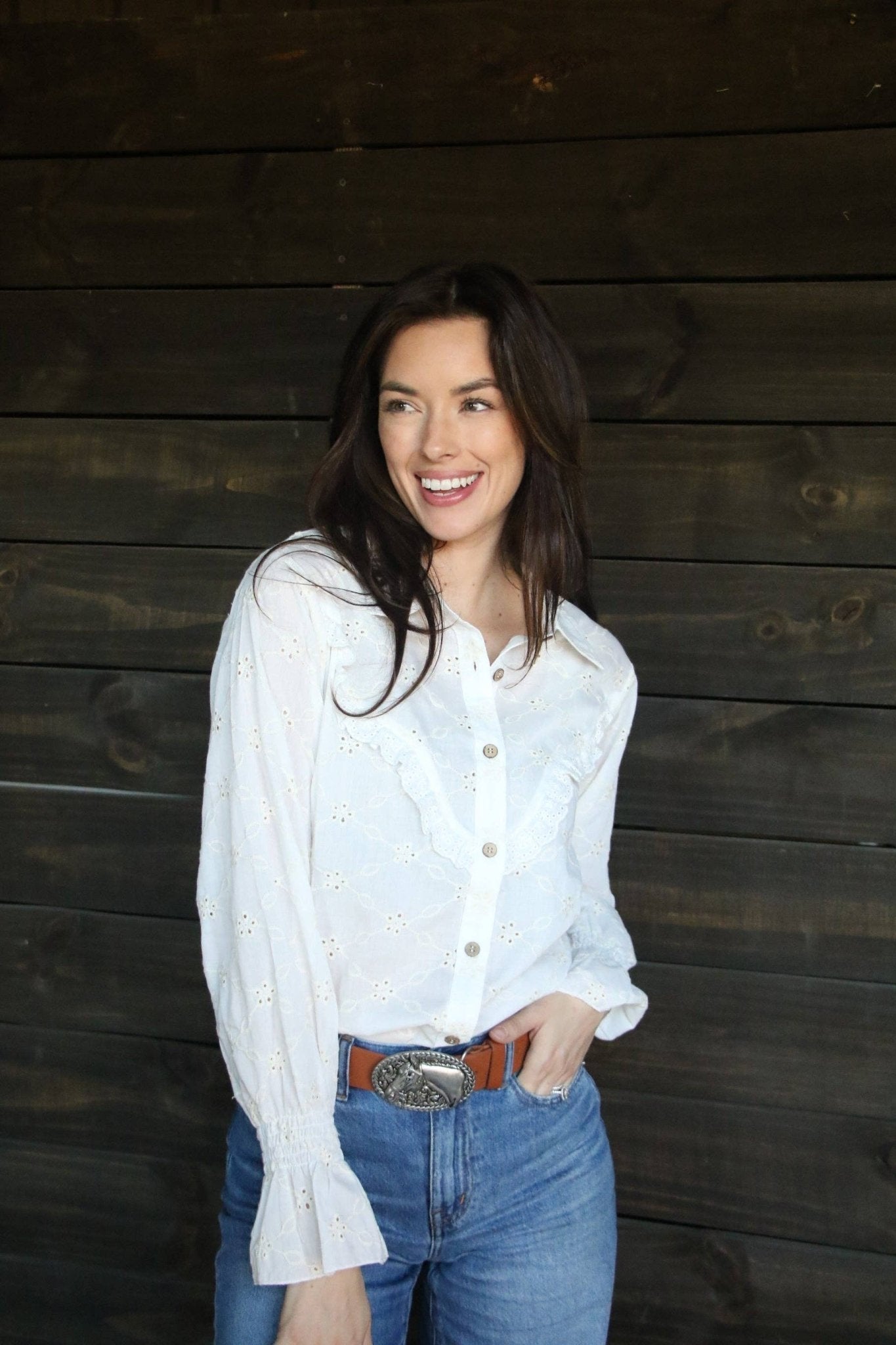 Turquoise Haven "Prairie Eyelet" Western Ruffle Blouse — Ivory Eyelet with Wooden Buttons & Flared Cuff Hem (small remains)