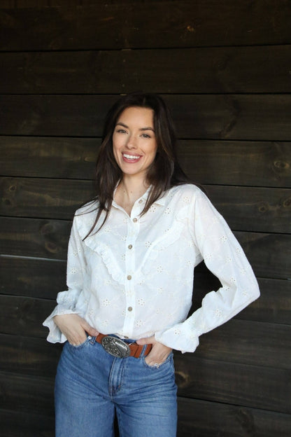 Turquoise Haven "Prairie Eyelet" Western Ruffle Blouse — Ivory Eyelet with Wooden Buttons & Flared Cuff Hem (small remains)
