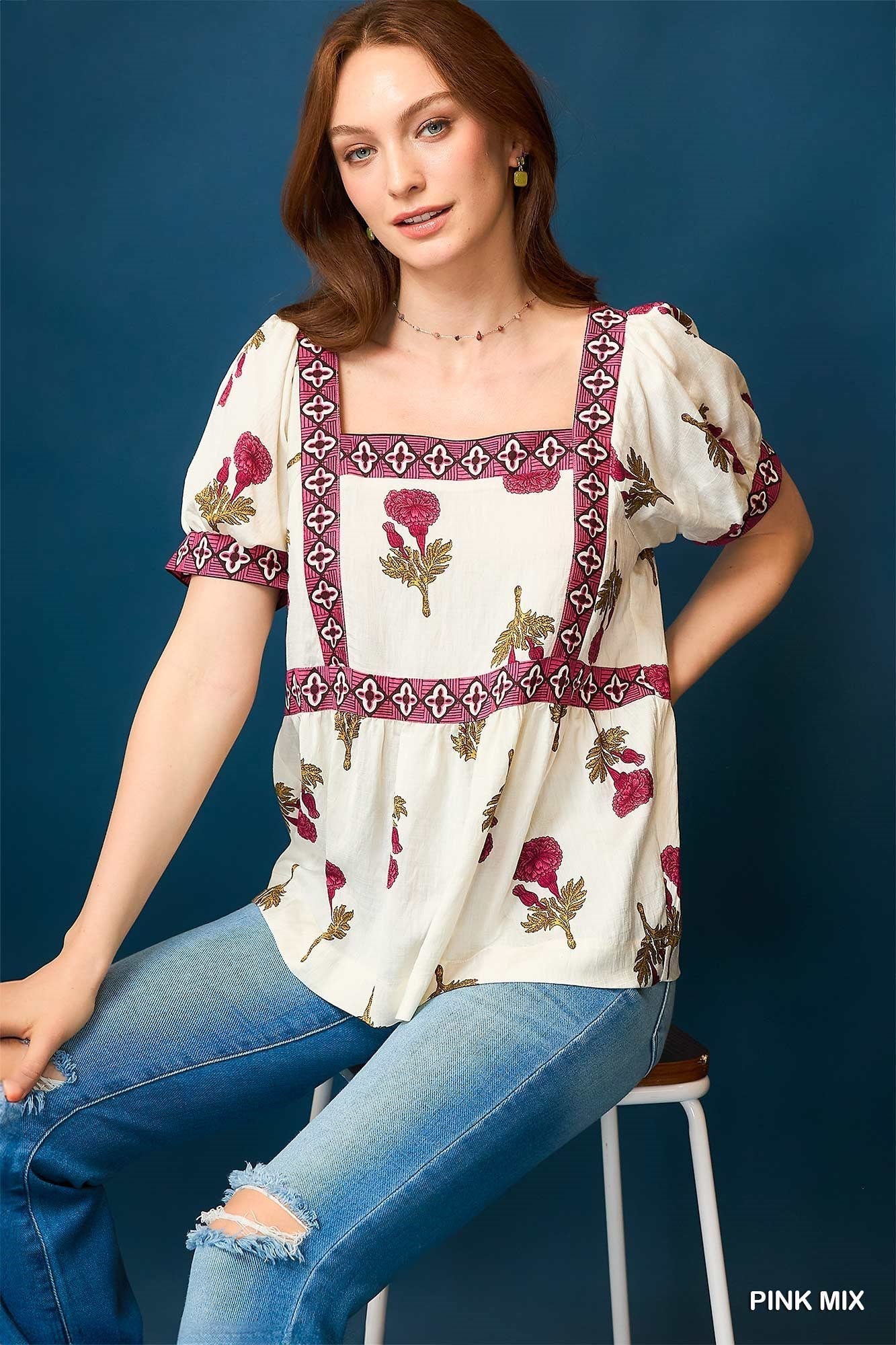 Umgee "Prairie Marigold" Western Boho Blouse — Embroidered Contrast Trim with Square Neck & Puff Sleeves (Red & Olive Floral)
