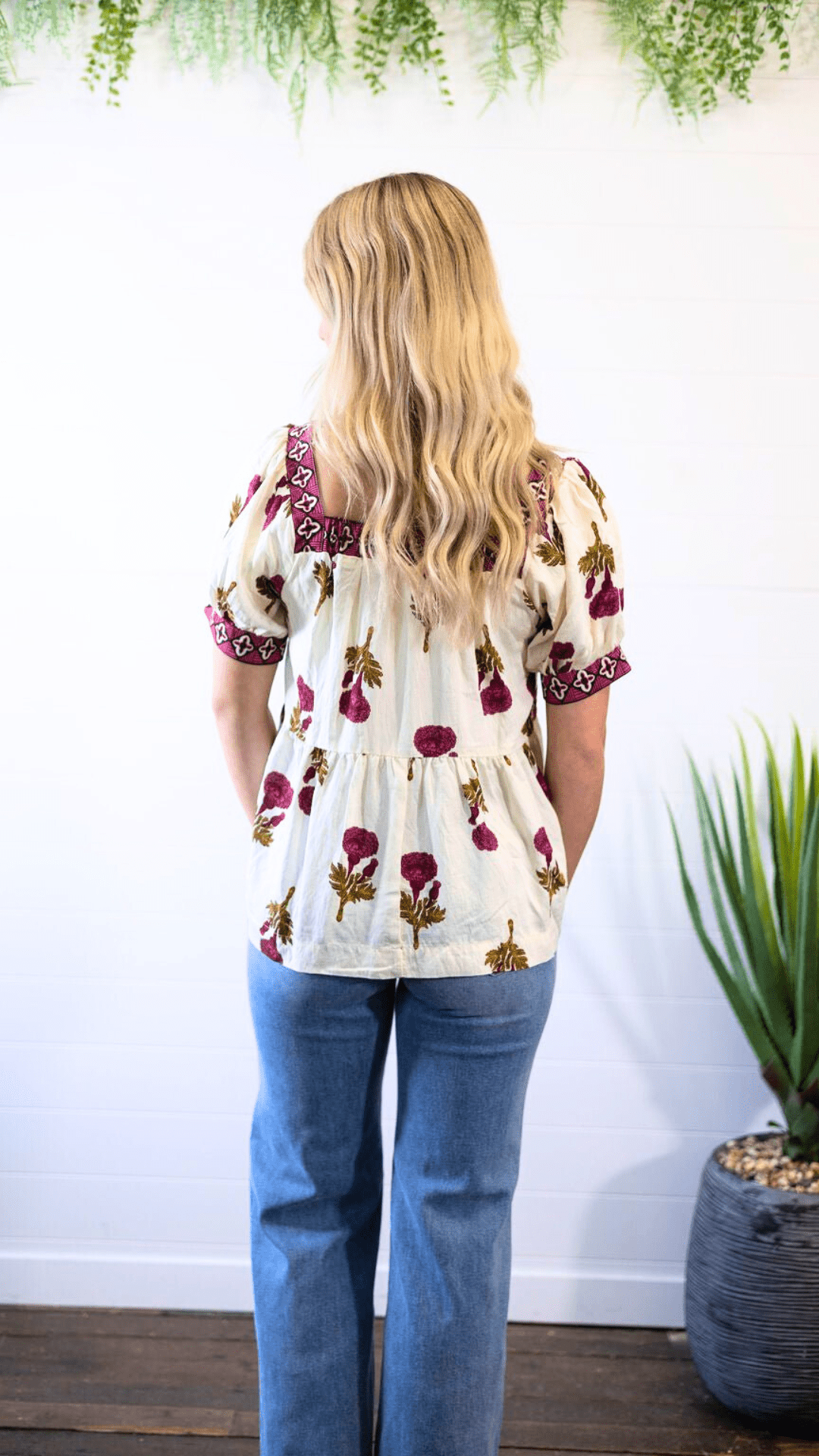 Umgee "Prairie Marigold" Western Boho Blouse — Embroidered Contrast Trim with Square Neck & Puff Sleeves (Red & Olive Floral)