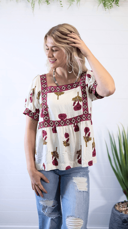 Umgee "Prairie Marigold" Western Boho Blouse — Embroidered Contrast Trim with Square Neck & Puff Sleeves (Red & Olive Floral)