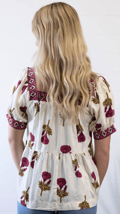 Umgee "Prairie Marigold" Western Boho Blouse — Embroidered Contrast Trim with Square Neck & Puff Sleeves (Red & Olive Floral)