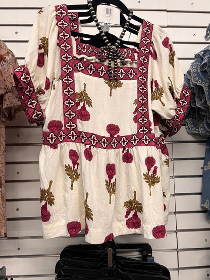 Umgee "Prairie Marigold" Western Boho Blouse — Embroidered Contrast Trim with Square Neck & Puff Sleeves (Red & Olive Floral)