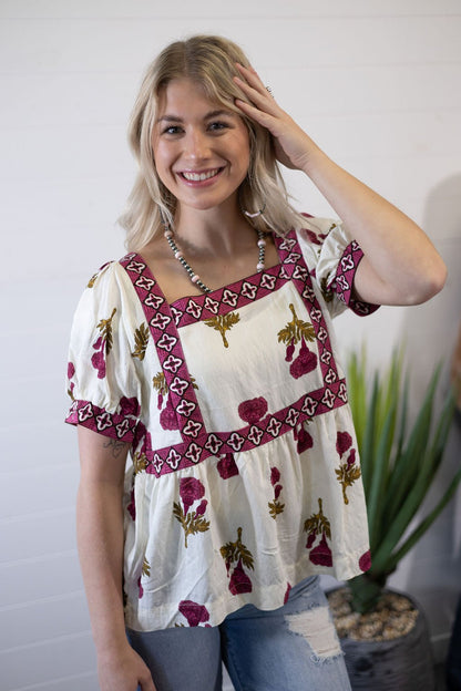 Umgee "Prairie Marigold" Western Boho Blouse — Embroidered Contrast Trim with Square Neck & Puff Sleeves (Red & Olive Floral)