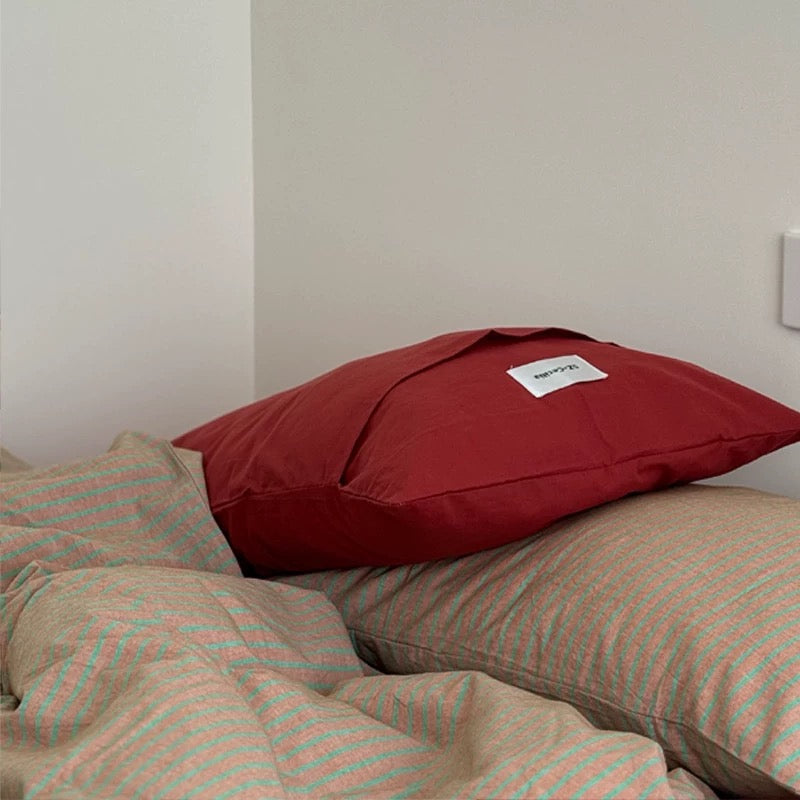 Red & Beige Striped Cotton Bedding Set