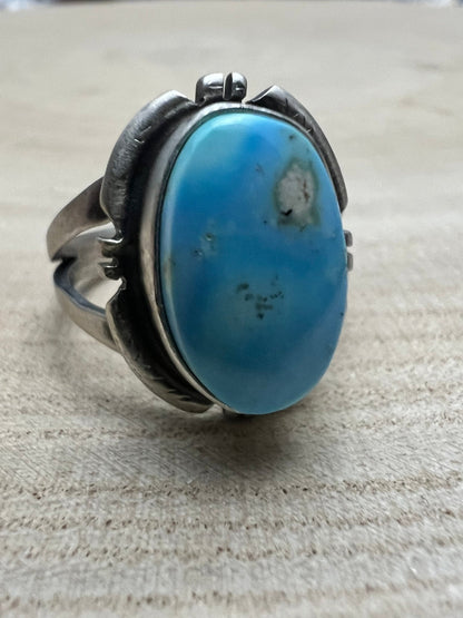 Randy Billy Navajo Sterling Silver Ring with Golden Hills Turquoise — Size 9 (Hallmark RB + Sterling)