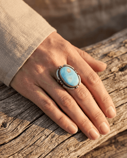 Randy Billy Navajo Sterling Silver Ring with Golden Hills Turquoise — Size 9 (Hallmark RB + Sterling)