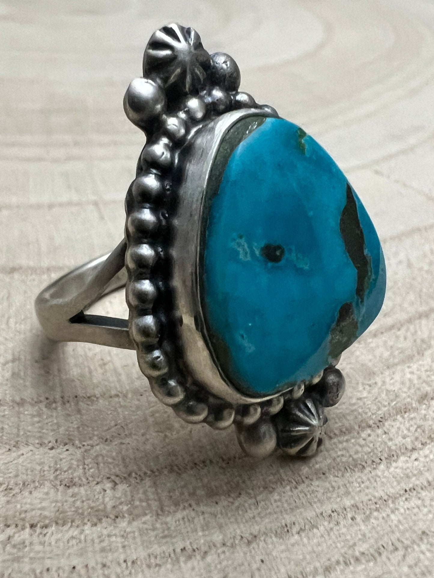 Randy Boyd Navajo Sterling Silver Ring with Fox Turquoise — Size 8.5 (Hallmark RB)