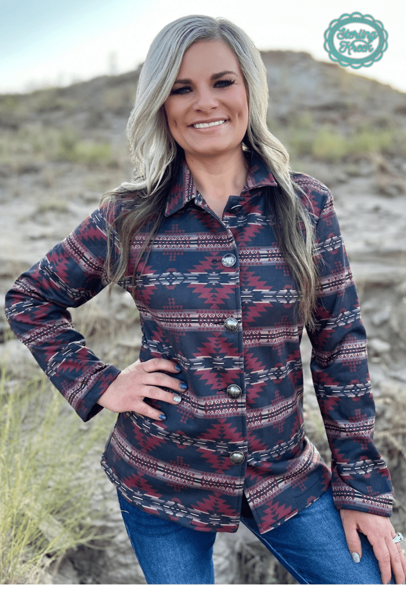 Sterling Kreek "Rebel" Aztec Print Western Jacket — Striking Red & Black Aztec with Buffalo Buttons