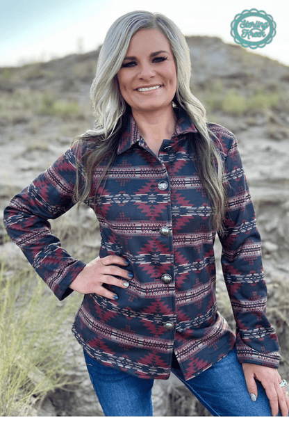 Sterling Kreek "Rebel" Aztec Print Western Jacket — Striking Red & Black Aztec with Buffalo Buttons