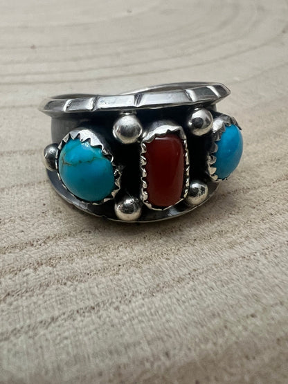 Reed Charley Navajo Kingman Turquoise & Coral Sterling Silver Ring