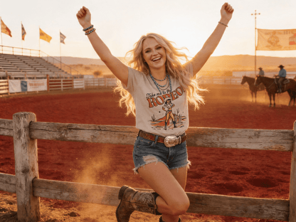 Retro "Take Me To The Rodeo" Pin-Up Cowgirl Western Graphic Tee — Tan Jerzees 50/50 Vintage Style