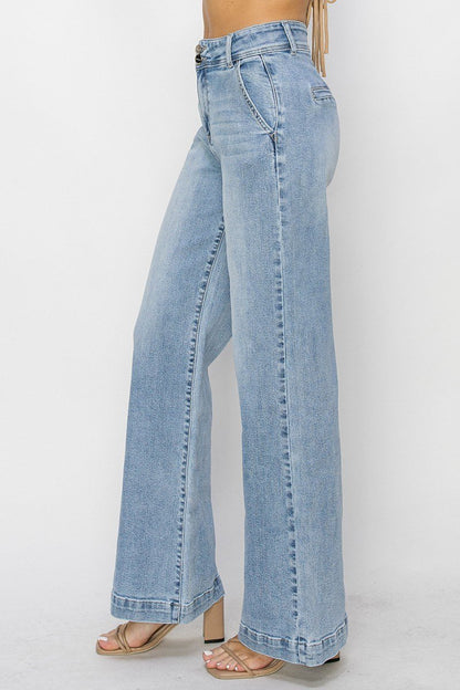 Risen Double Button Wide-Leg Western Jeans — High-Rise Trouser Style with Slash Front and Back Pockets - Sizes 9, 11, 13 and 15 remain