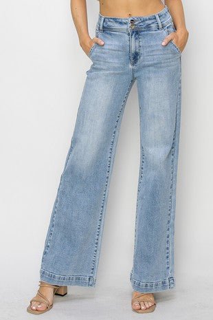 Risen Double Button Wide-Leg Western Jeans — High-Rise Trouser Style with Slash Front and Back Pockets - Sizes 9, 11, 13 and 15 remain