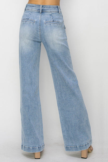 Risen Double Button Wide-Leg Western Jeans — High-Rise Trouser Style with Slash Front and Back Pockets - Sizes 9, 11, 13 and 15 remain