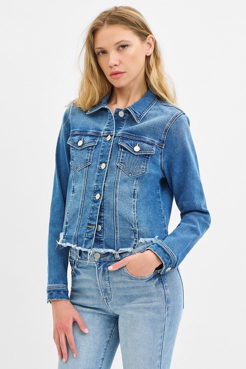 Risen Fray Hem Western Jean Jacket — Medium Wash with Frayed Rugged Finish (small remains)