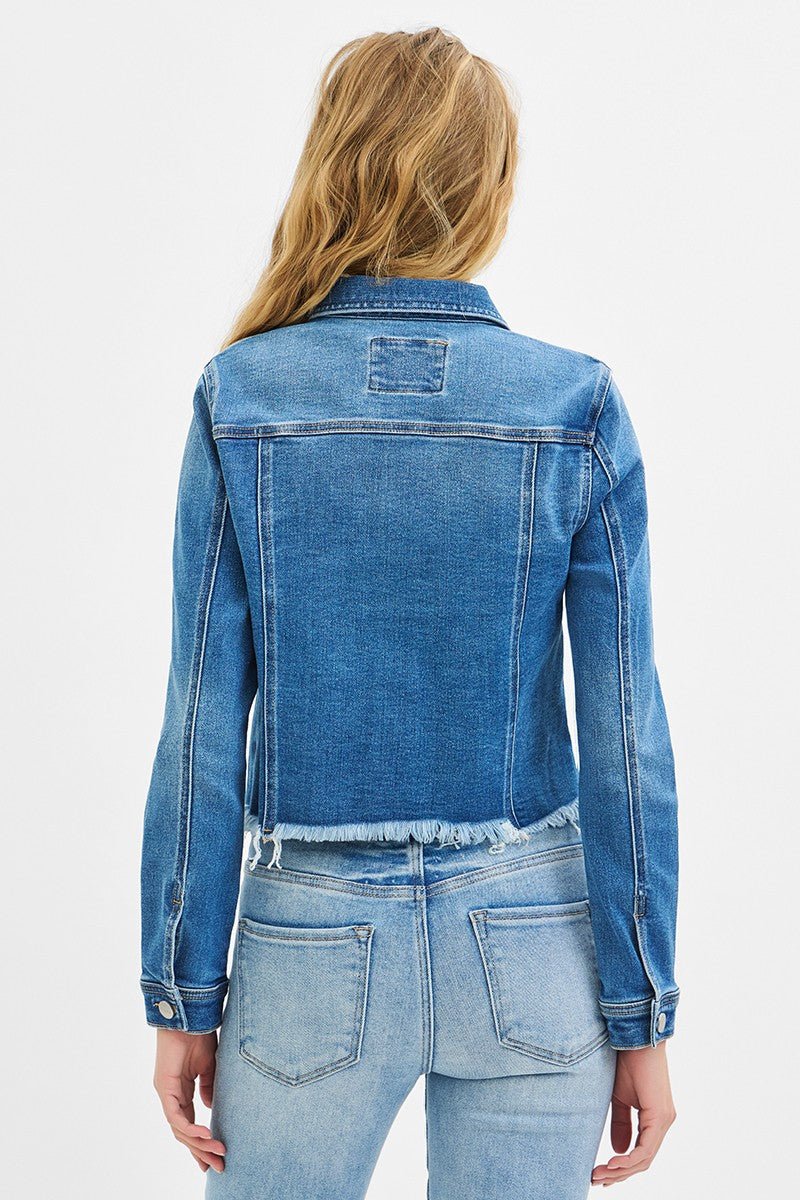Risen Fray Hem Western Jean Jacket — Medium Wash with Frayed Rugged Finish (small remains)