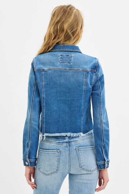 Risen Fray Hem Western Jean Jacket — Medium Wash with Frayed Rugged Finish (small remains)