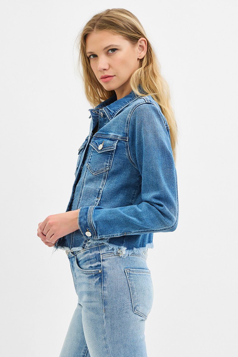 Risen Fray Hem Western Jean Jacket — Medium Wash with Frayed Rugged Finish (small remains)