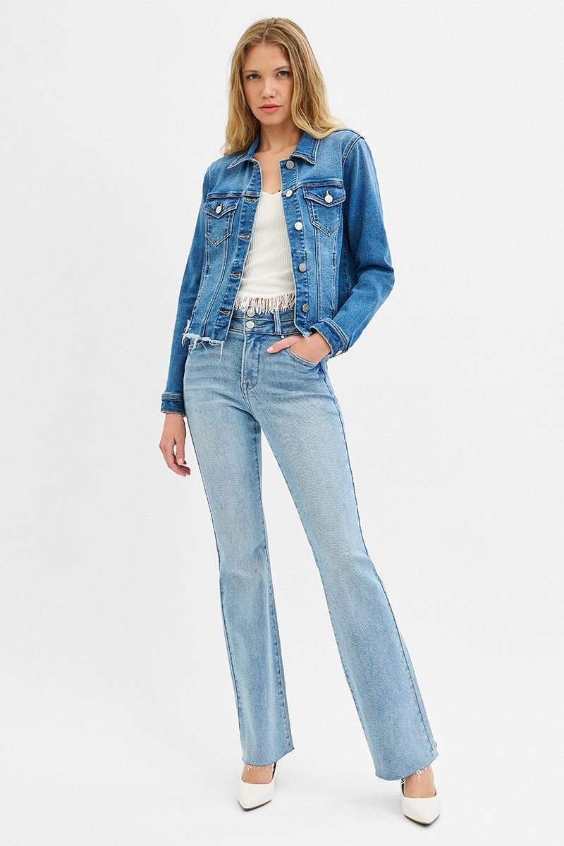 Risen Fray Hem Western Jean Jacket — Medium Wash with Frayed Rugged Finish (small remains)
