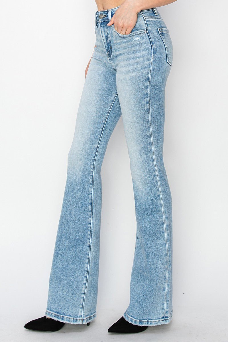 Risen High-Rise Bootcut Western Jeans — Light Wash with Light Distressing & Modern Cowgirl Silhouette (Sizes 1, 5, 9 and 15 remaining)
