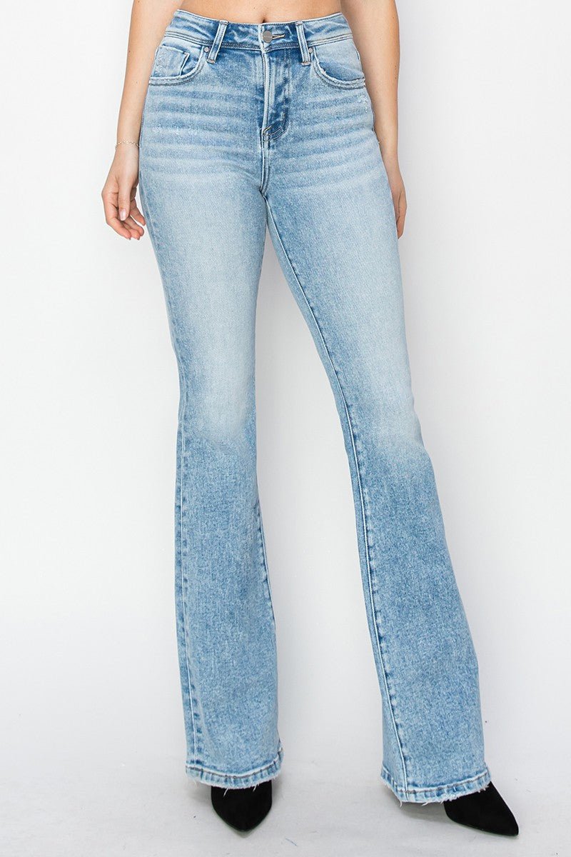 Risen High-Rise Bootcut Western Jeans — Light Wash with Light Distressing & Modern Cowgirl Silhouette (Sizes 1, 5, 9 and 15 remaining)