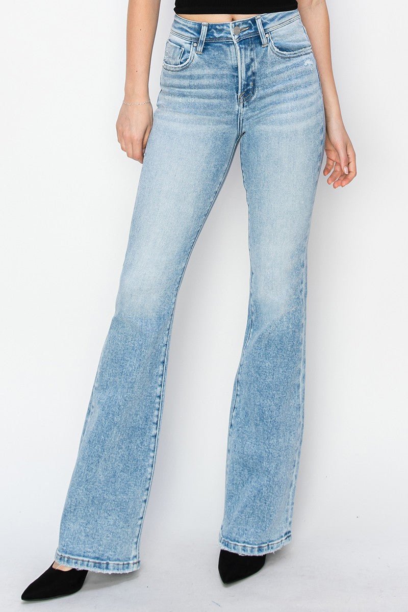 Risen High-Rise Bootcut Western Jeans — Light Wash with Light Distressing & Modern Cowgirl Silhouette (Sizes 1, 5, 9 and 15 remaining)