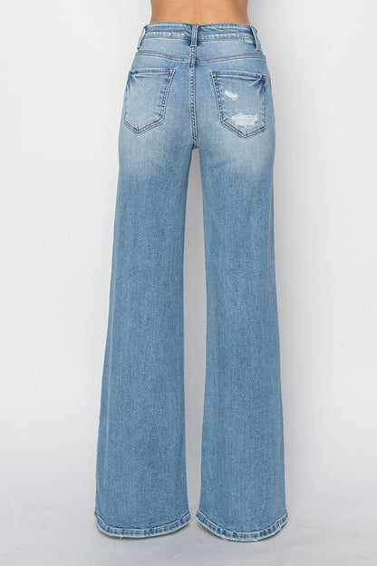 Risen High-Rise Wide Distressed Western Jeans — Light Wash Playful Distressing with Wide-Leg Cut