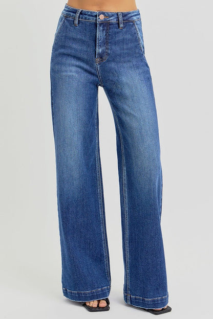 Risen High-Rise Wide-Leg Slanted Pocket Western Jeans — Dark Wash Rugged Style with Back Patch Pocket (Size 0, 9, 11, 13 and 15)