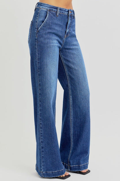 Risen High-Rise Wide-Leg Slanted Pocket Western Jeans — Dark Wash Rugged Style with Back Patch Pocket (Size 0, 9, 11, 13 and 15)