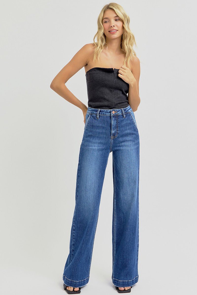 Risen High-Rise Wide-Leg Slanted Pocket Western Jeans — Dark Wash Rugged Style with Back Patch Pocket (Size 0, 9, 11, 13 and 15)