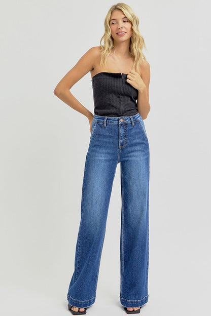 Risen High-Rise Wide-Leg Slanted Pocket Western Jeans — Dark Wash Rugged Style with Back Patch Pocket (Size 0, 9, 11, 13 and 15)