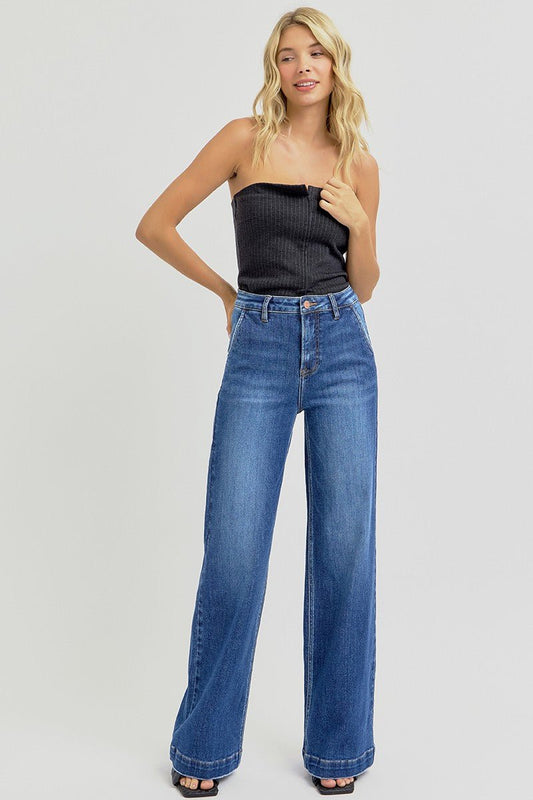 Risen High-Rise Wide-Leg Slanted Pocket Western Jeans — Dark Wash Rugged Style with Back Patch Pocket (Size 0, 9, 11, 13 and 15)