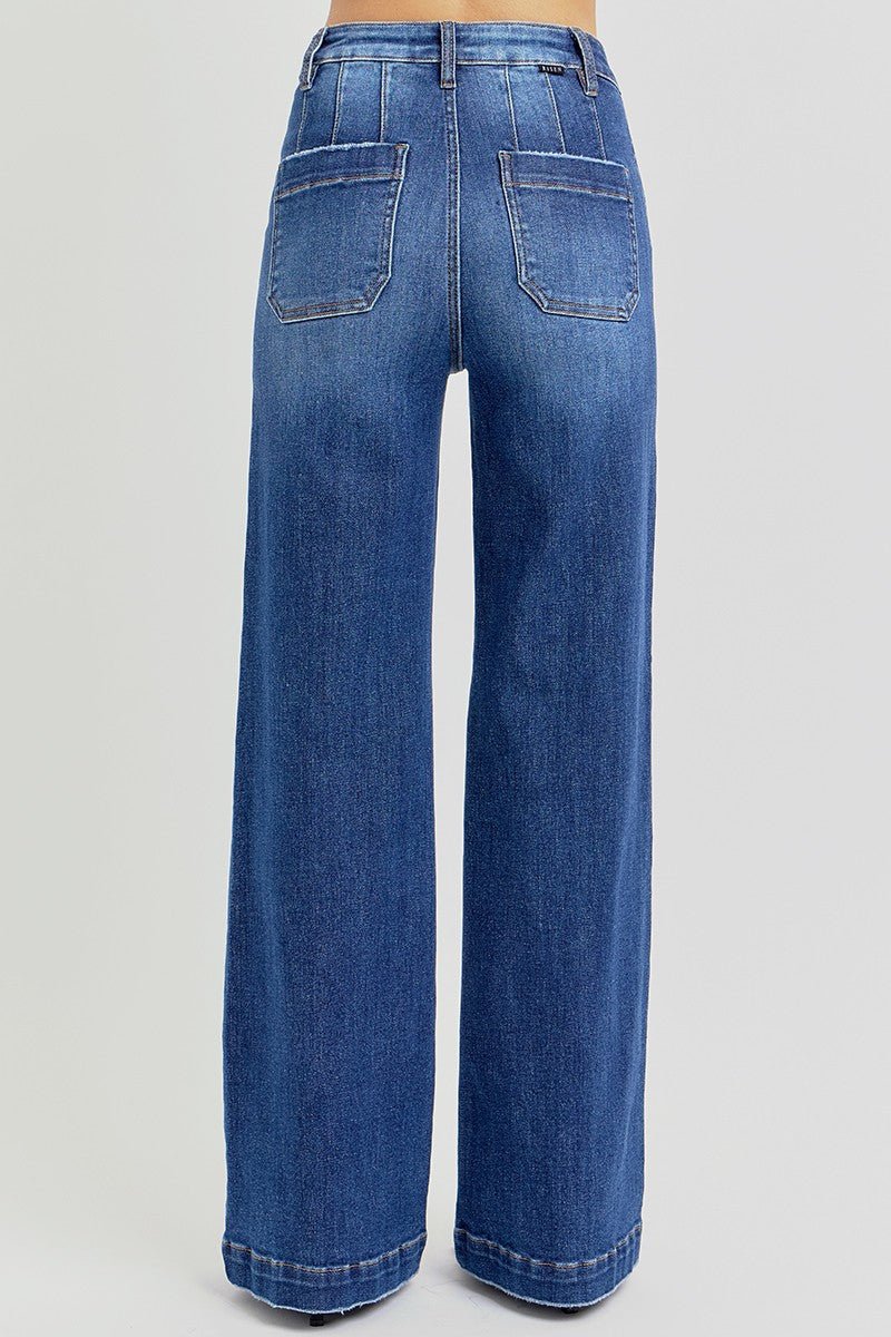 Risen High-Rise Wide-Leg Slanted Pocket Western Jeans — Dark Wash Rugged Style with Back Patch Pocket (Size 0, 9, 11, 13 and 15)