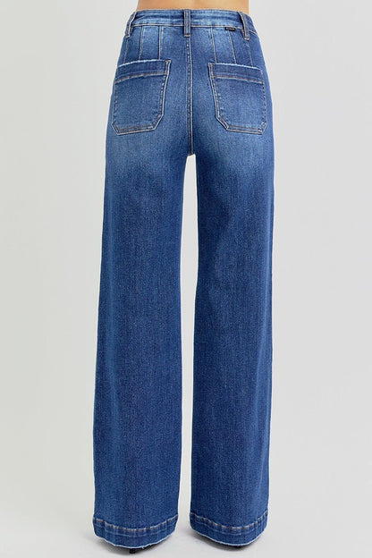 Risen High-Rise Wide-Leg Slanted Pocket Western Jeans — Dark Wash Rugged Style with Back Patch Pocket (Size 0, 9, 11, 13 and 15)