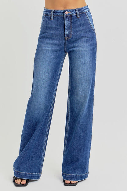 Risen High-Rise Wide-Leg Slanted Pocket Western Jeans — Dark Wash Rugged Style with Back Patch Pocket (Size 0, 9, 11, 13 and 15)
