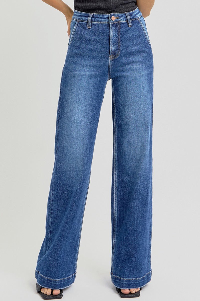 Risen High-Rise Wide-Leg Slanted Pocket Western Jeans — Dark Wash Rugged Style with Back Patch Pocket (Size 0, 9, 11, 13 and 15)