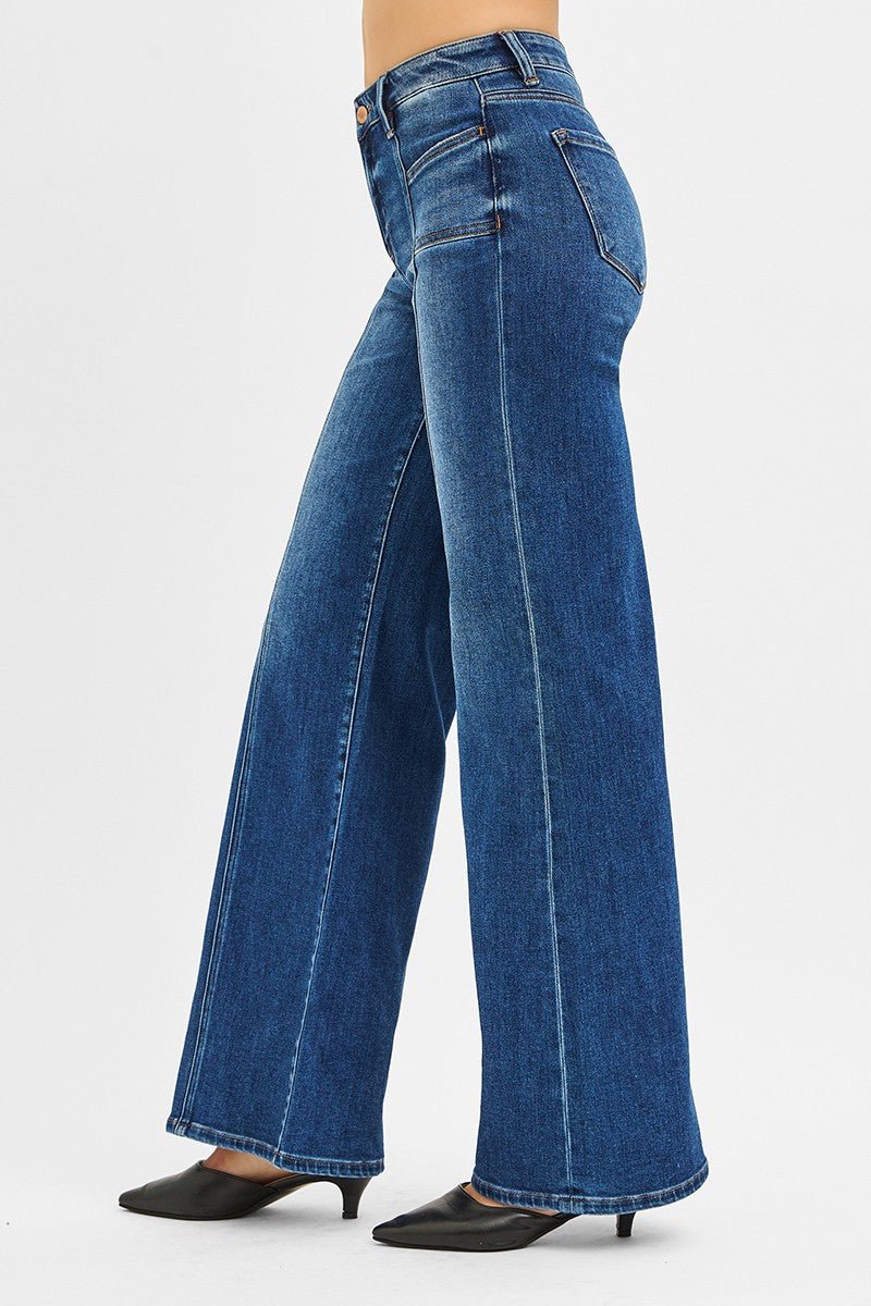 Risen Mid-Rise Front Seam Wide-Leg Western Jeans — Dark Wash with Front Slash Patch Pocket (Size 13 and 15 remaining)