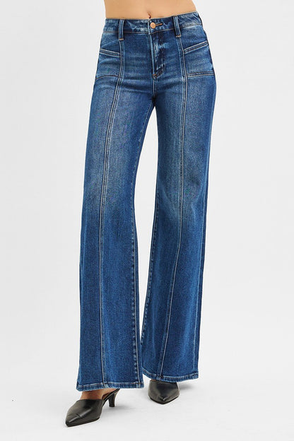 Risen Mid-Rise Front Seam Wide-Leg Western Jeans — Dark Wash with Front Slash Patch Pocket (Size 13 and 15 remaining)