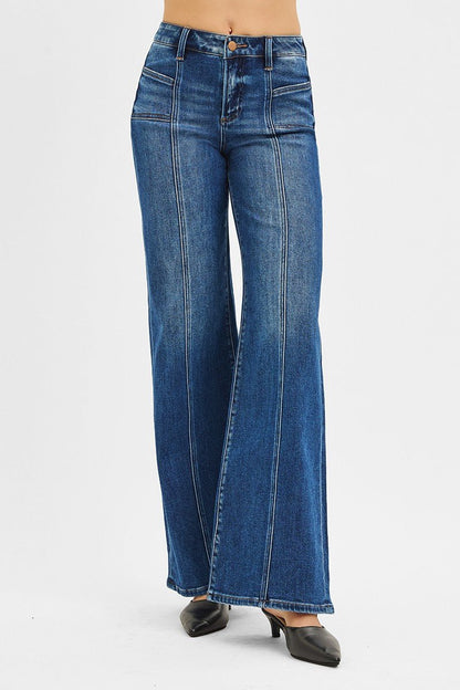 Risen Mid-Rise Front Seam Wide-Leg Western Jeans — Dark Wash with Front Slash Patch Pocket (Size 13 and 15 remaining)