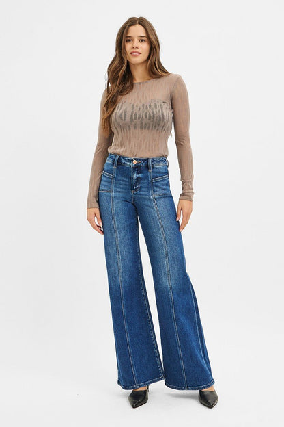Risen Mid-Rise Front Seam Wide-Leg Western Jeans — Dark Wash with Front Slash Patch Pocket (Size 13 and 15 remaining)
