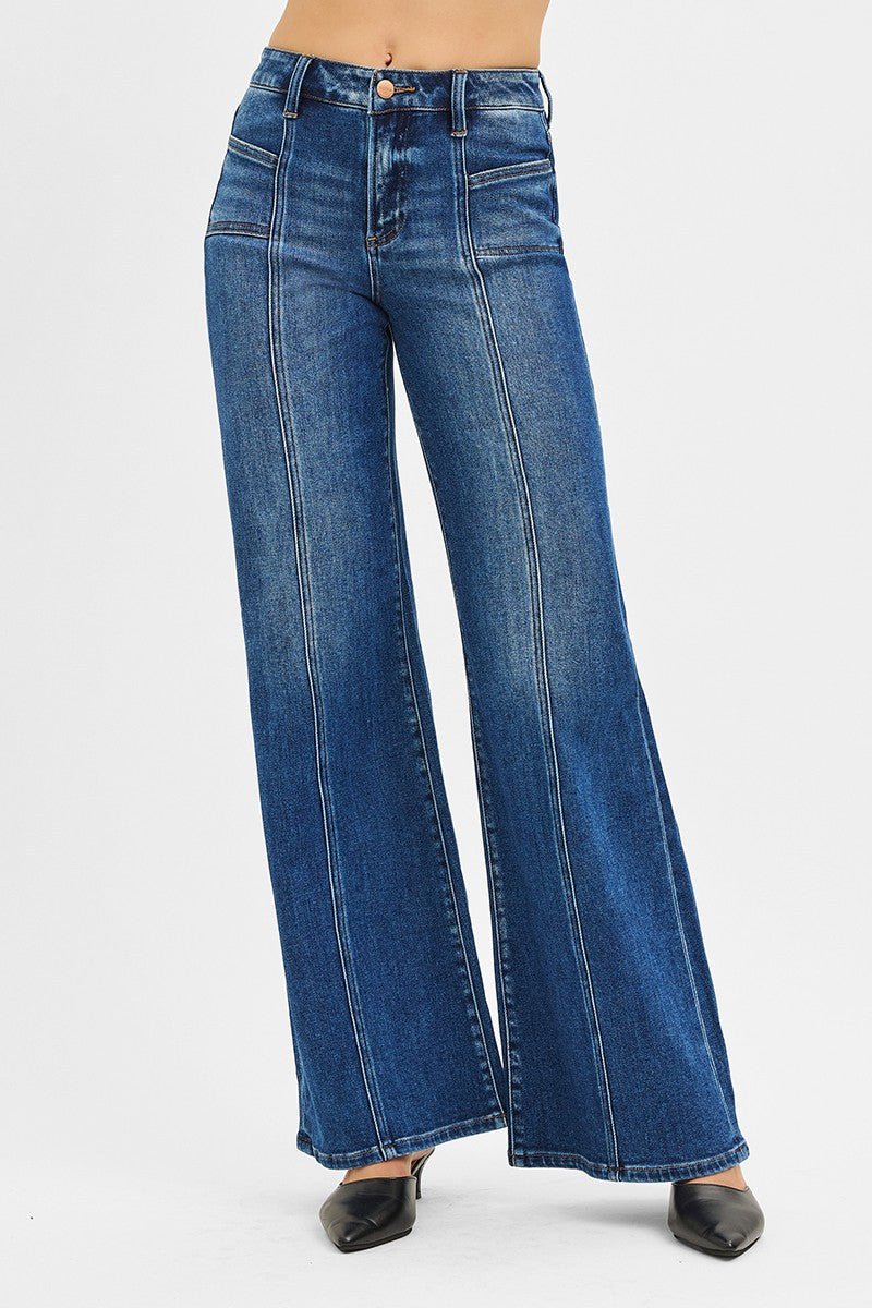 Risen Mid-Rise Front Seam Wide-Leg Western Jeans — Dark Wash with Front Slash Patch Pocket (Size 13 and 15 remaining)