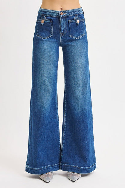 Risen Mid-Rise Wide Front Patch Pocket Western Jeans — Dark Wash with Trouser Hem & Tabbed Patch Pocket