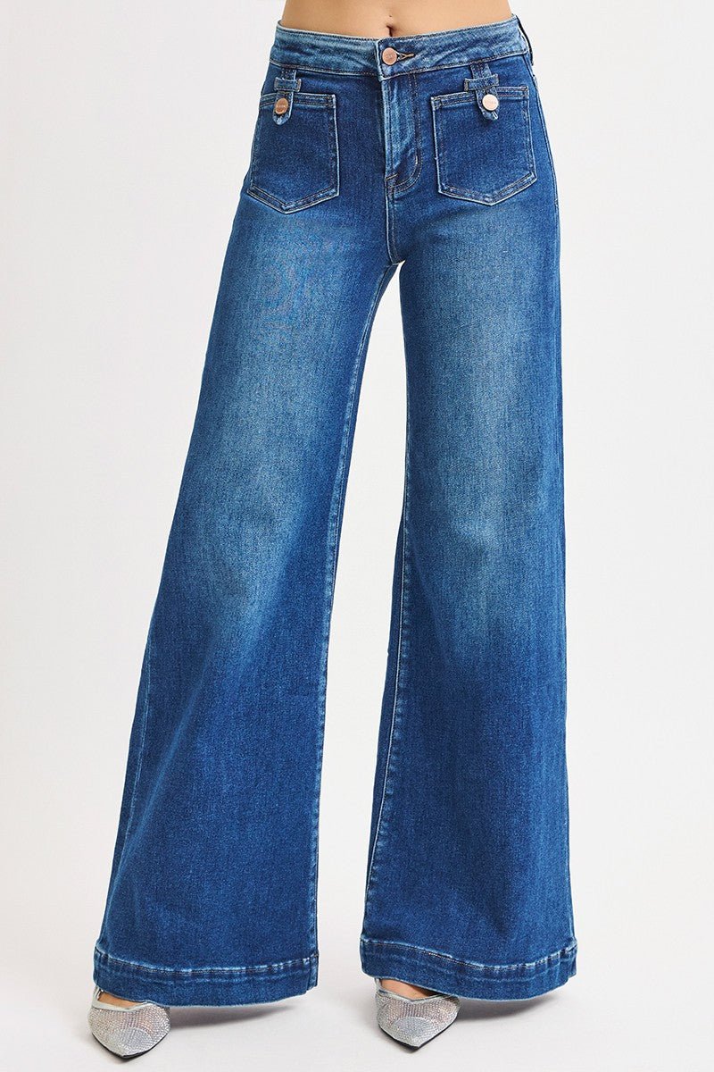 Risen Mid-Rise Wide Front Patch Pocket Western Jeans — Dark Wash with Trouser Hem & Tabbed Patch Pocket